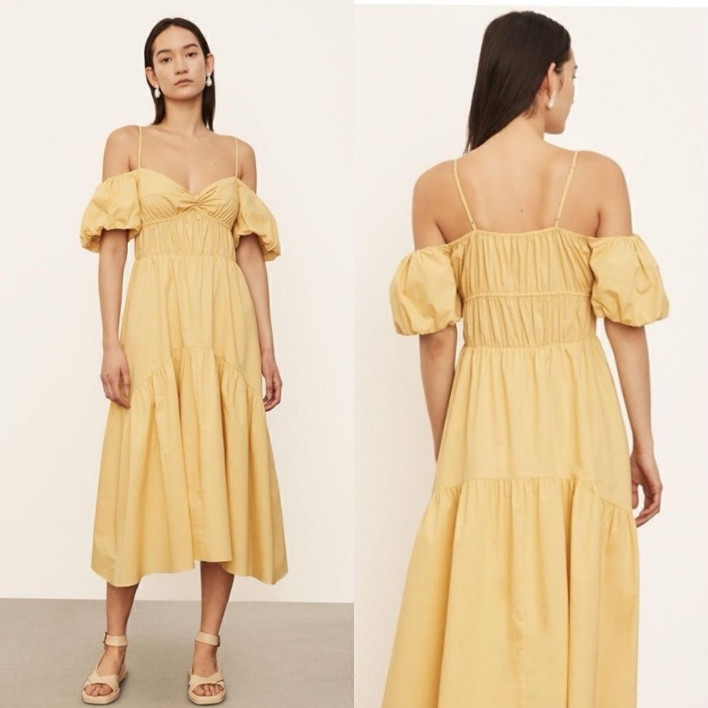 Vince Draped Midi Yellow Dress Cold-Shoulder Tiered Size 0 - Picture 1 of 16